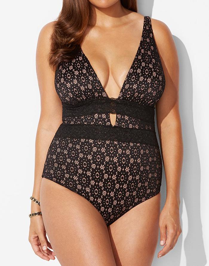 FULLFITALL - Black Sexy Lace Plunge One Piece Swimsuit