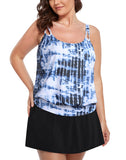 FULLFITALL - Blue Ink Tie Dye Strap Blouson Tankini Set With Skirt