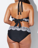 FULLFITALL - Black White Lace Print V-Neck Halter Bikini Set