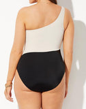 FULLFITALL - Black Cream One Shoulder One Piece Swimsuit