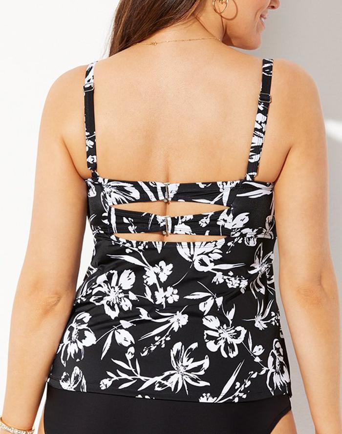 FULLFITALL - Black White Floral Faux Flyaway Underwire Tankini Top