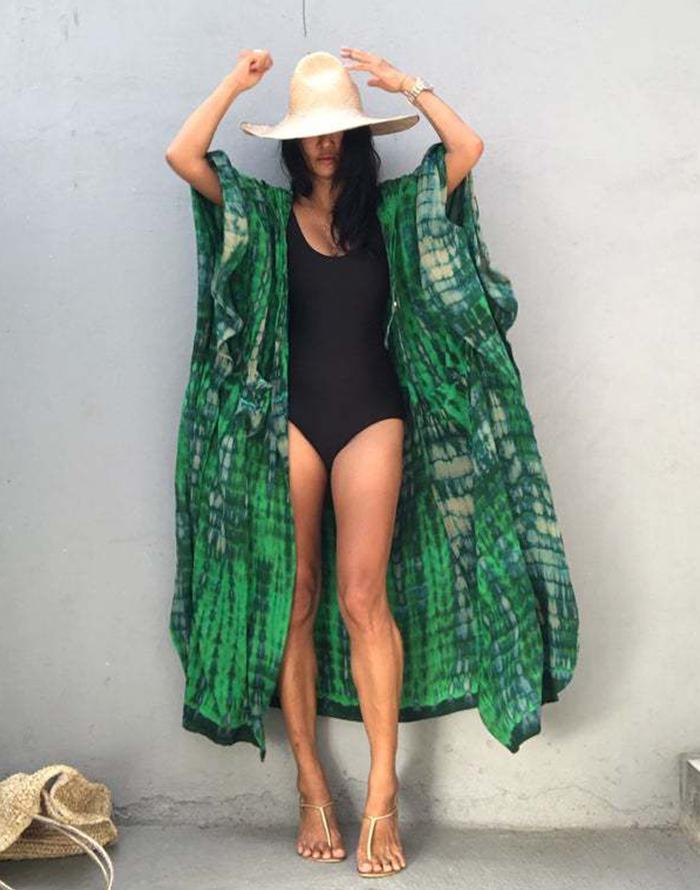 FULLFITALL - Green Hooded Printed Beach Vacation Swimsuit Cover Up