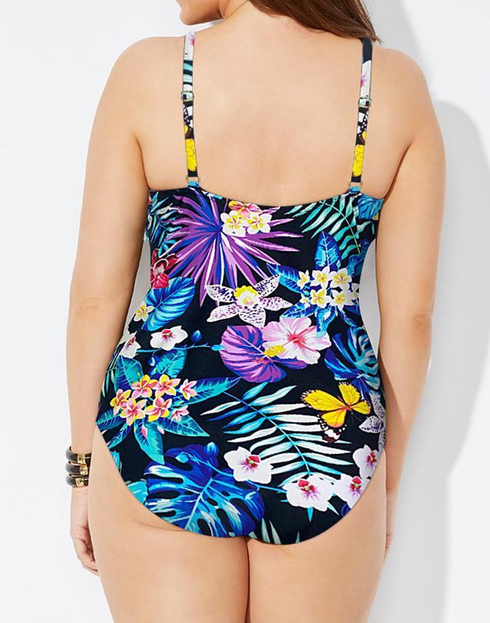 FULLFITALL - Flower Ruched Twist Front One Piece Swimsuit