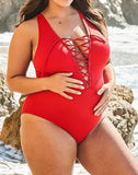 FULLFITALL - Red Lace Up One Piece Swimsuit