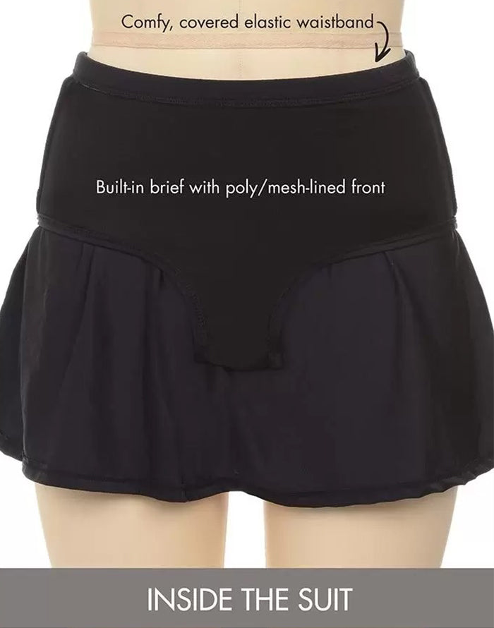 FULLFITALL - Black White Dot Loop Strap Blouson Tankini With A-Line Swim Skirt