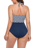 FULLFITALL - Navy Blue Stripes Faux Wrap Halter One Piece Swimsuit