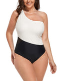 FULLFITALL - Black Cream One Shoulder One Piece Swimsuit