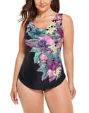 FULLFITALL - Pink Green Floral Sarong Front One Piece Swimsuit