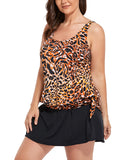 FULLFITALL - Leopard Print Side Tie Blouson Tankini With A-Line Swim Skirt