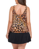 FULLFITALL - Leopard Print Side Tie Blouson Tankini With A-Line Swim Skirt