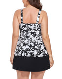 FULLFITALL - Black White Flower V-NECK  Flowy Tankini With A-Line Swim Skirt